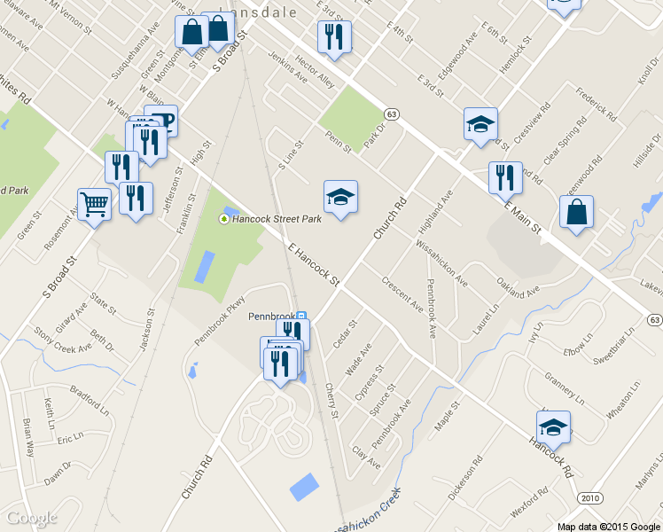 map of restaurants, bars, coffee shops, grocery stores, and more near 401 East Hancock Street in Lansdale
