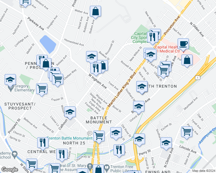 map of restaurants, bars, coffee shops, grocery stores, and more near 611 New Willow Street in Trenton