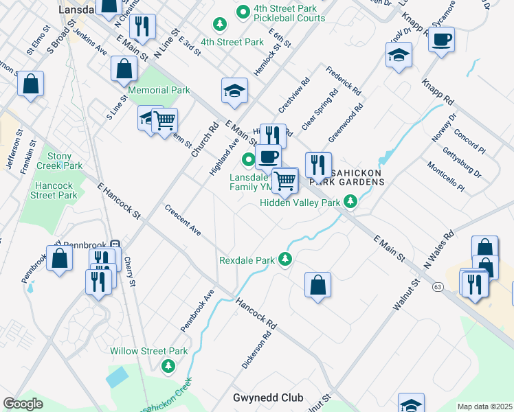 map of restaurants, bars, coffee shops, grocery stores, and more near 150 Oakland Avenue in Lansdale