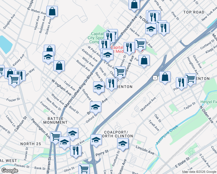 map of restaurants, bars, coffee shops, grocery stores, and more near 98 Evans Avenue in Trenton