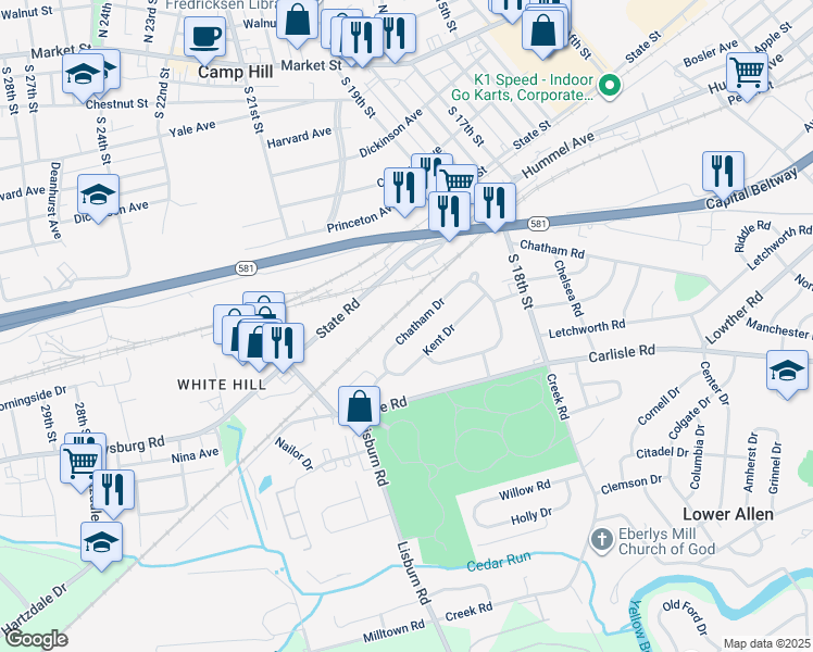 map of restaurants, bars, coffee shops, grocery stores, and more near 1926 Chatham Drive in Camp Hill