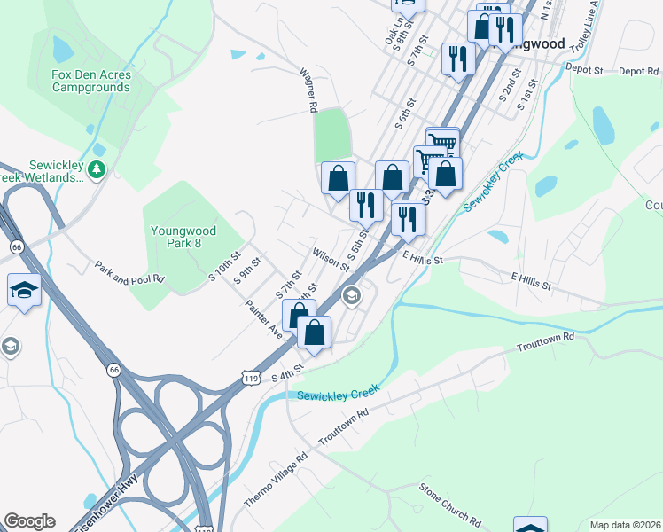 map of restaurants, bars, coffee shops, grocery stores, and more near 606 South 5th Street in Youngwood