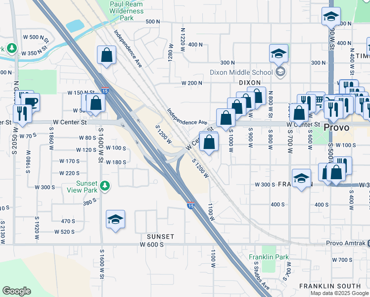 map of restaurants, bars, coffee shops, grocery stores, and more near 1300 Center Street in Provo