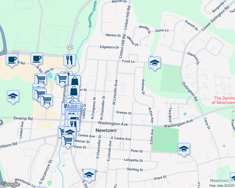 map of restaurants, bars, coffee shops, grocery stores, and more near 155 North Lincoln Avenue in Newtown