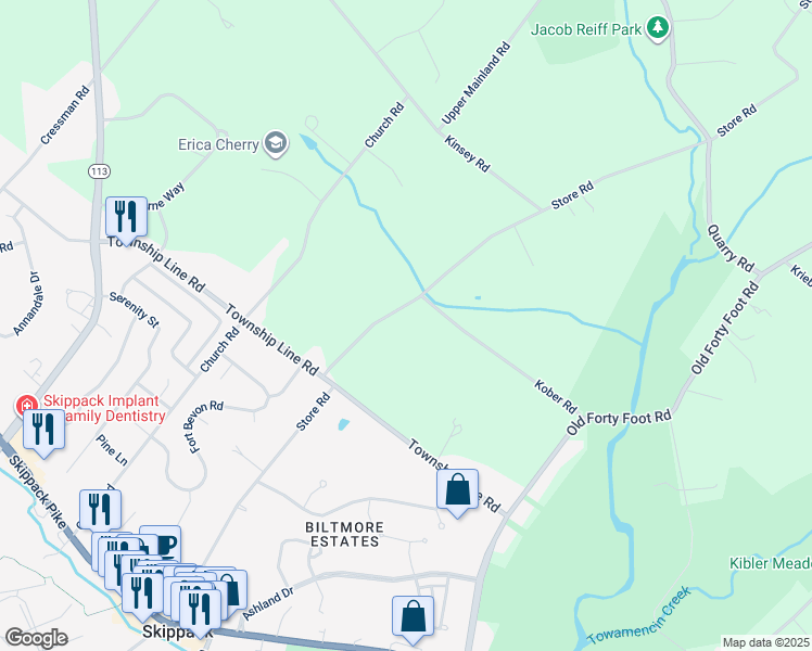 map of restaurants, bars, coffee shops, grocery stores, and more near 960 Store Road in Harleysville