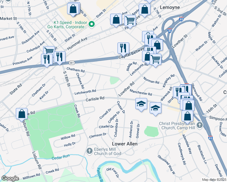 map of restaurants, bars, coffee shops, grocery stores, and more near 5 Commercial Drive in Camp Hill
