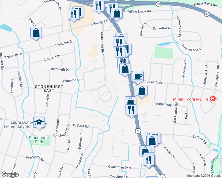 map of restaurants, bars, coffee shops, grocery stores, and more near 24 Manchester Court in Freehold