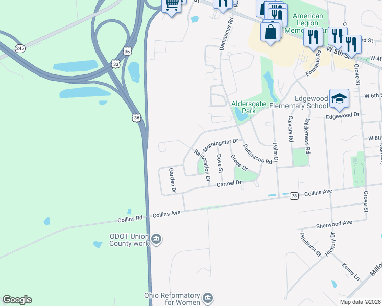 map of restaurants, bars, coffee shops, grocery stores, and more near 521 Morningstar Drive in Marysville