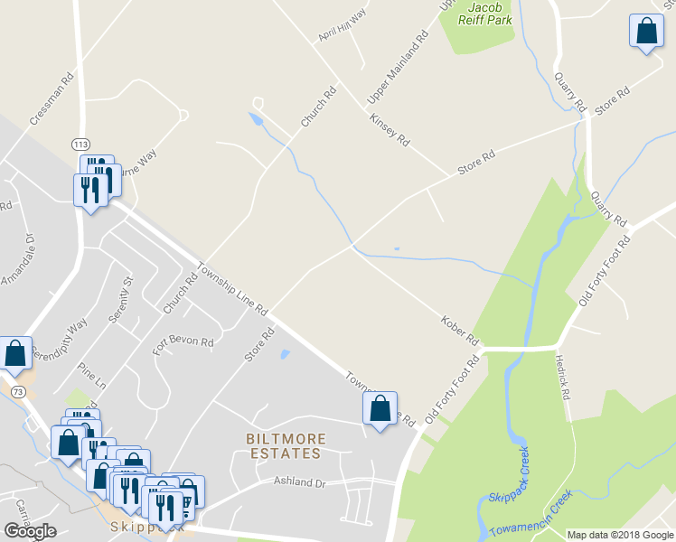 map of restaurants, bars, coffee shops, grocery stores, and more near 960 Store Road in Harleysville