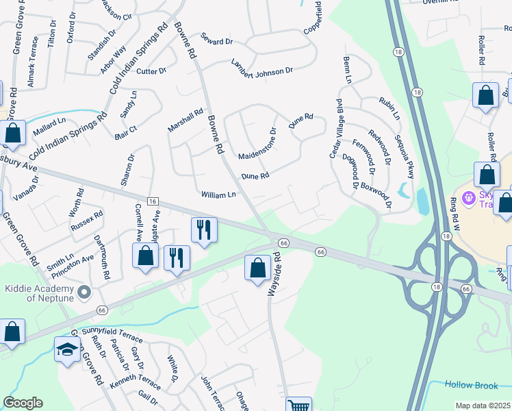 map of restaurants, bars, coffee shops, grocery stores, and more near 9 Bowne Road in Monmouth County