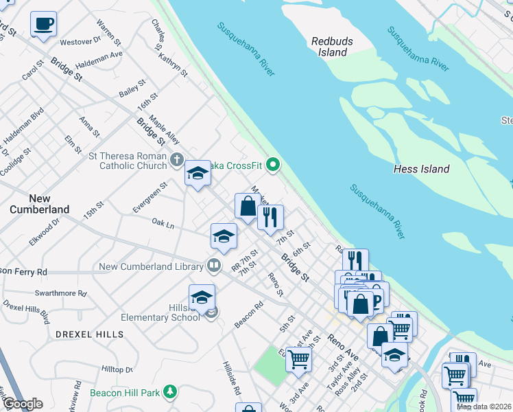 map of restaurants, bars, coffee shops, grocery stores, and more near 200 9th Street in New Cumberland