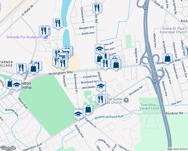 map of restaurants, bars, coffee shops, grocery stores, and more near 1634 Richmond Avenue in Hamilton Township