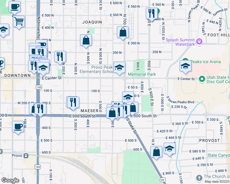 map of restaurants, bars, coffee shops, grocery stores, and more near 105 South 600 East in Provo