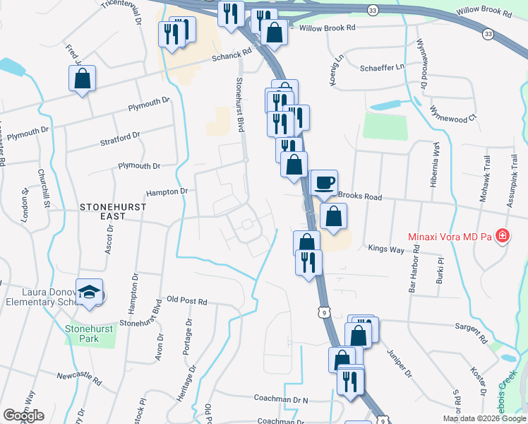 map of restaurants, bars, coffee shops, grocery stores, and more near 24 Manchester Court in Freehold