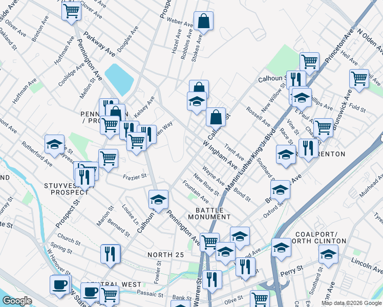 map of restaurants, bars, coffee shops, grocery stores, and more near 746 Rev S Howard Woodson Junior Way in Trenton