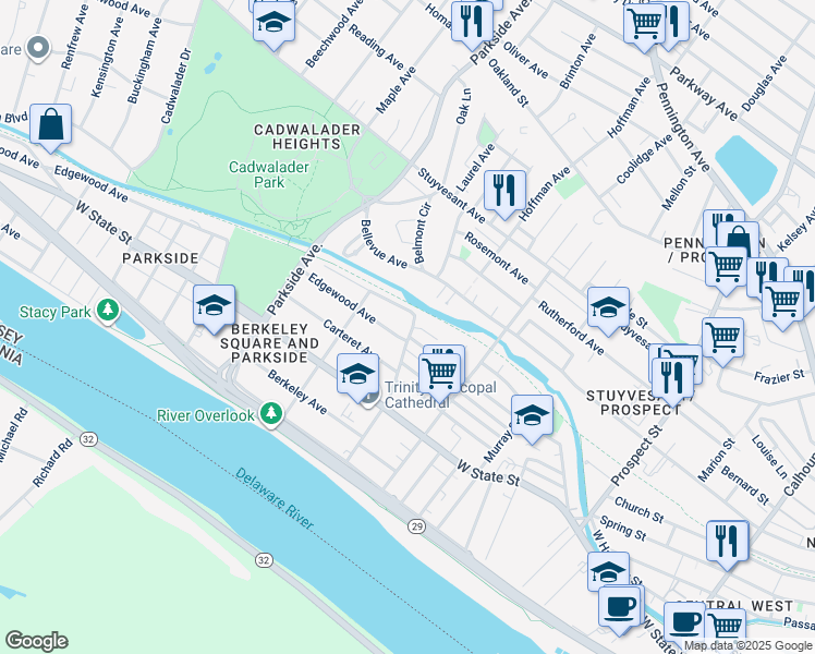 map of restaurants, bars, coffee shops, grocery stores, and more near 114 North Overbrook Avenue in Trenton