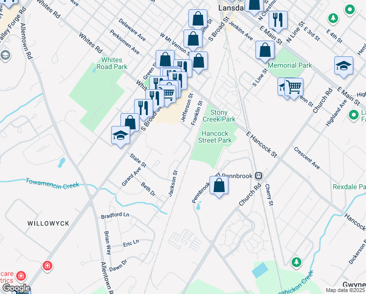 map of restaurants, bars, coffee shops, grocery stores, and more near 629 Franklin Street in Lansdale