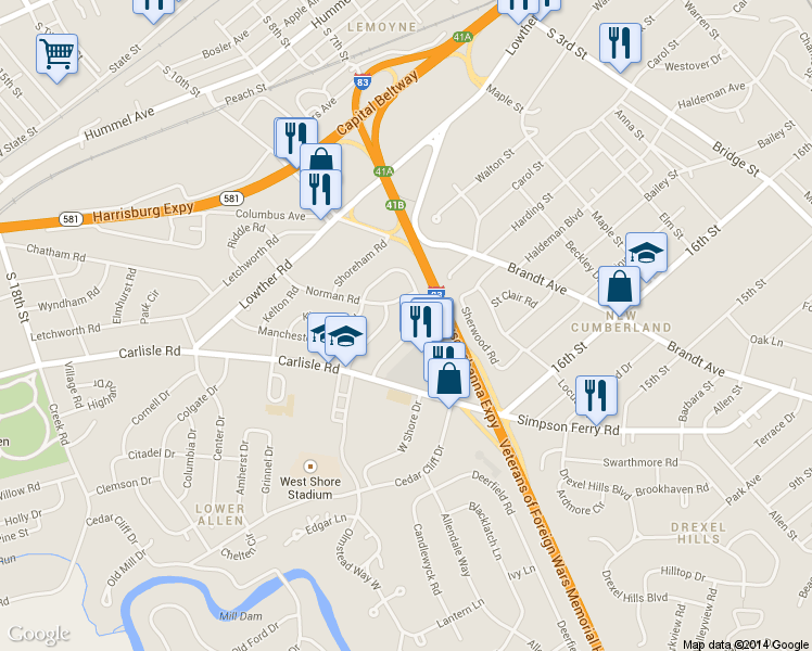 map of restaurants, bars, coffee shops, grocery stores, and more near 1298 Strafford Road in Camp Hill