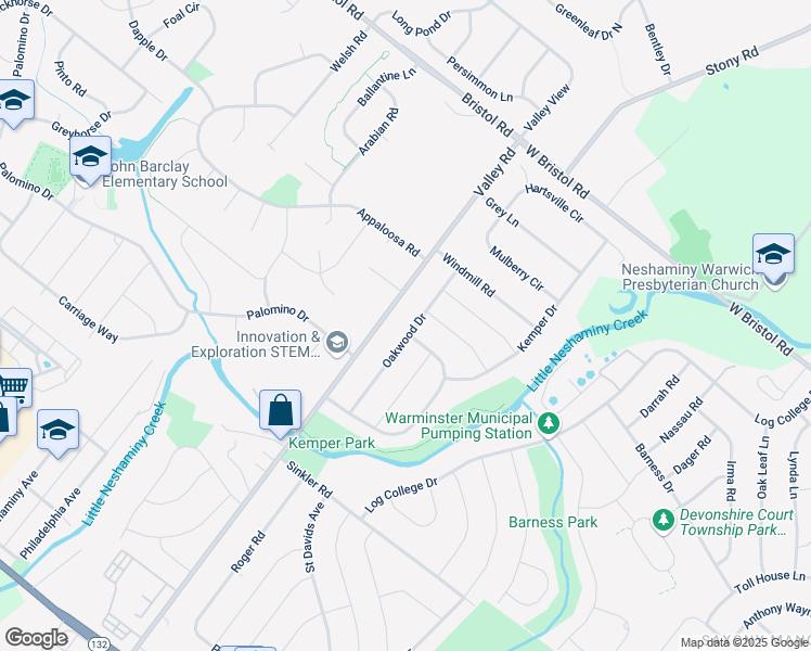 map of restaurants, bars, coffee shops, grocery stores, and more near 1043 Oakwood Drive in Warminster