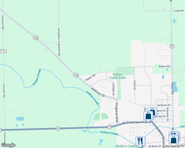 map of restaurants, bars, coffee shops, grocery stores, and more near 1046 Baker Road in Versailles