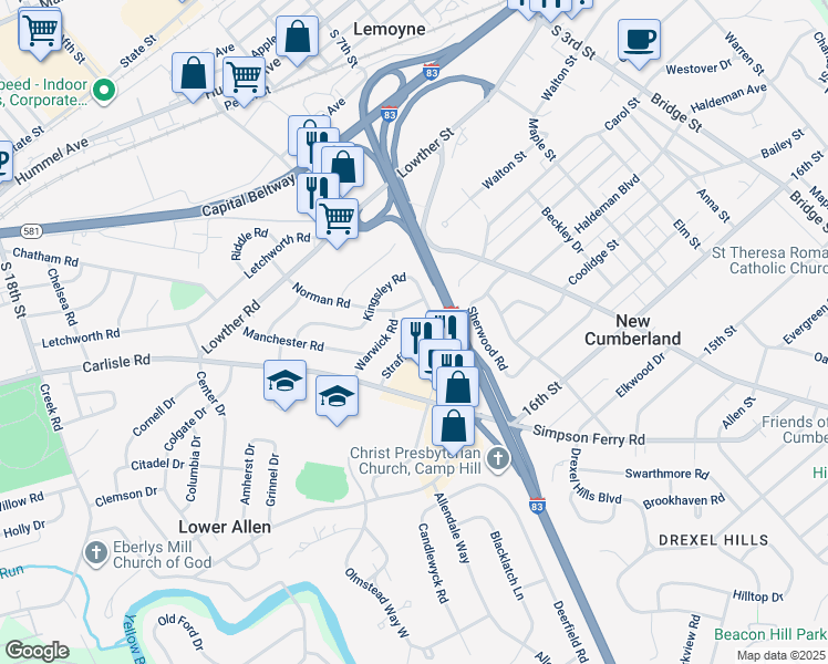 map of restaurants, bars, coffee shops, grocery stores, and more near 1298 Strafford Road in Camp Hill