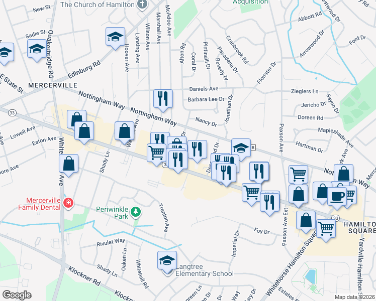 map of restaurants, bars, coffee shops, grocery stores, and more near 257 Evergreen Avenue in Hamilton Township