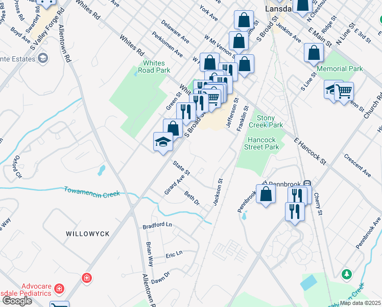 map of restaurants, bars, coffee shops, grocery stores, and more near 82 Whitney Place in Lansdale
