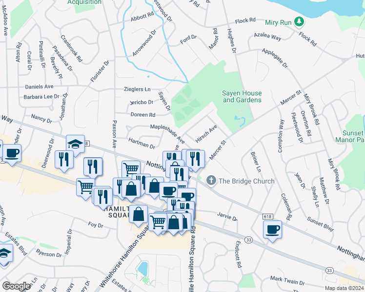map of restaurants, bars, coffee shops, grocery stores, and more near 90 Park Avenue in Hamilton Township