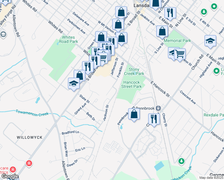 map of restaurants, bars, coffee shops, grocery stores, and more near 629 Franklin Street in Lansdale