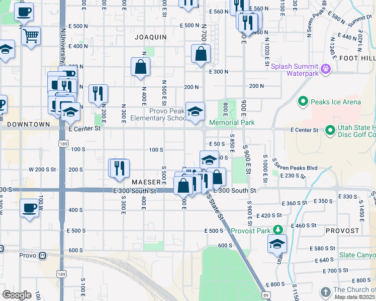 map of restaurants, bars, coffee shops, grocery stores, and more near 105 South 600 East in Provo