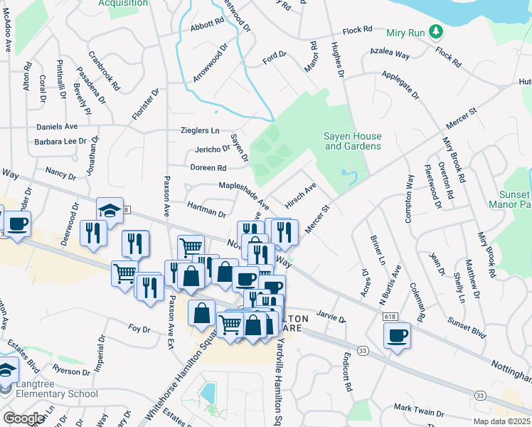 map of restaurants, bars, coffee shops, grocery stores, and more near 90 Park Avenue in Hamilton Township