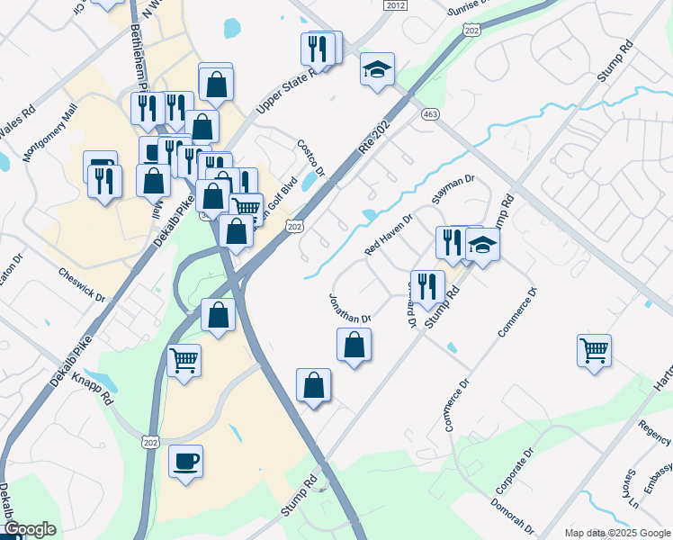 map of restaurants, bars, coffee shops, grocery stores, and more near 203 Jonathan Drive in North Wales