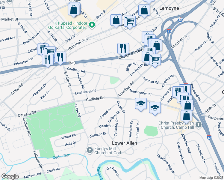 map of restaurants, bars, coffee shops, grocery stores, and more near 1503 Letchworth Road in Camp Hill
