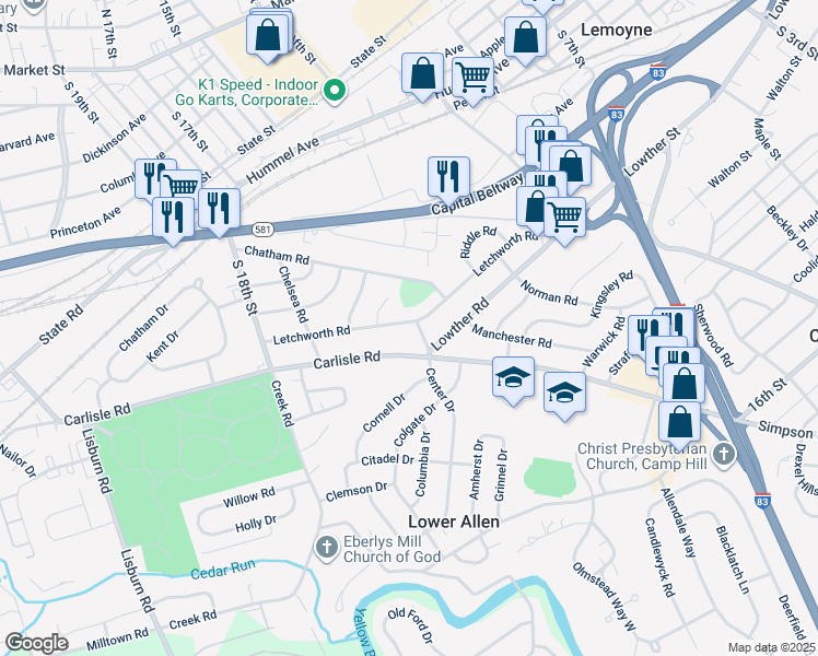 map of restaurants, bars, coffee shops, grocery stores, and more near 1503 Letchworth Road in Camp Hill