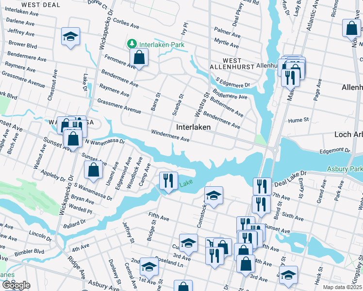 map of restaurants, bars, coffee shops, grocery stores, and more near 408 Windermere Avenue in Interlaken