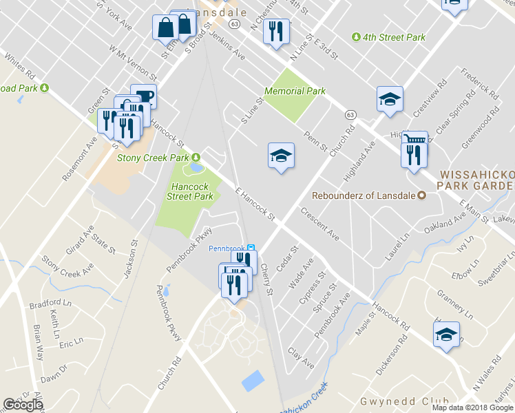 map of restaurants, bars, coffee shops, grocery stores, and more near 465 East Hancock Street in Lansdale