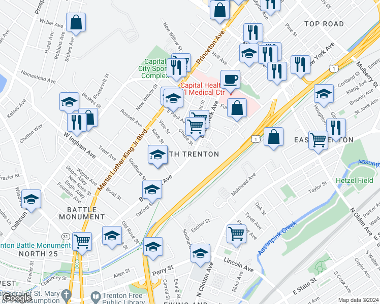 map of restaurants, bars, coffee shops, grocery stores, and more near 525 Brunswick Avenue in Trenton