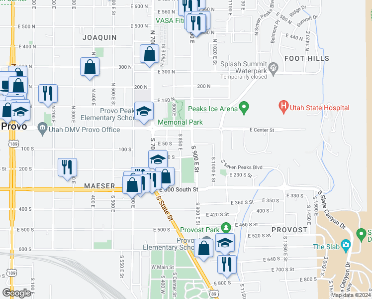 map of restaurants, bars, coffee shops, grocery stores, and more near 52 South 900 East Street in Provo
