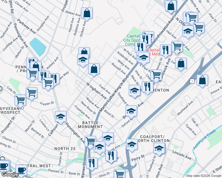 map of restaurants, bars, coffee shops, grocery stores, and more near 890 Southard Street in Trenton
