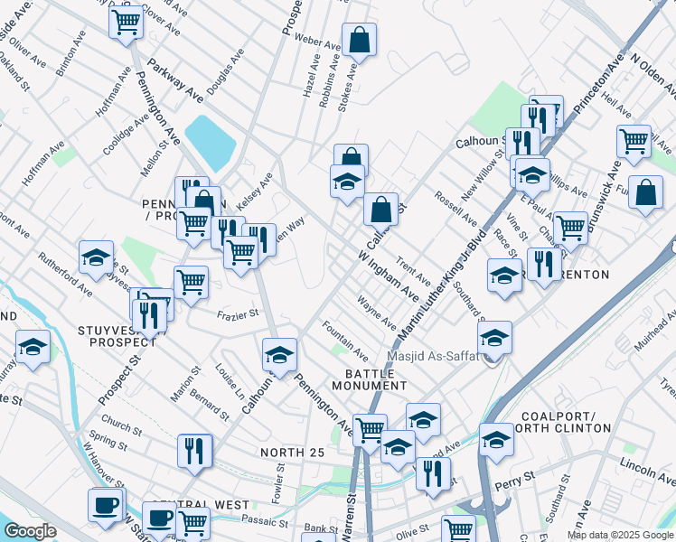 map of restaurants, bars, coffee shops, grocery stores, and more near 585 Roosevelt Street in Trenton