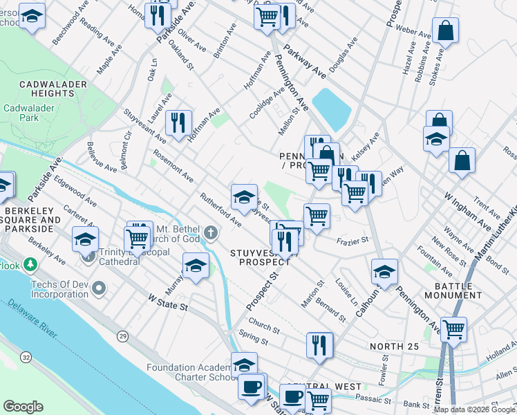 map of restaurants, bars, coffee shops, grocery stores, and more near 29 Adam Avenue in Trenton