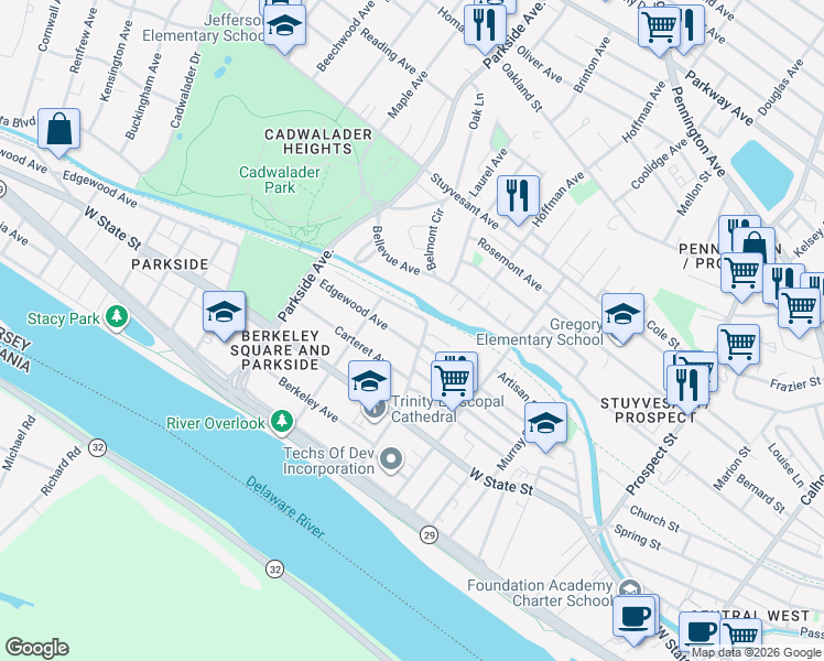 map of restaurants, bars, coffee shops, grocery stores, and more near 6 Niagara Alley in Trenton