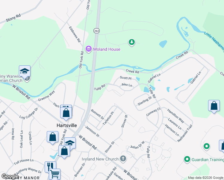 map of restaurants, bars, coffee shops, grocery stores, and more near 1239 Scott Place in Warminster