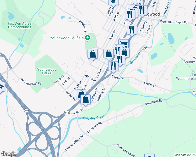 map of restaurants, bars, coffee shops, grocery stores, and more near 507 South 5th Street in Youngwood