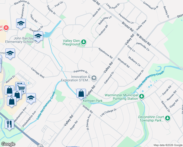 map of restaurants, bars, coffee shops, grocery stores, and more near 1718 Harness Drive North in Warrington