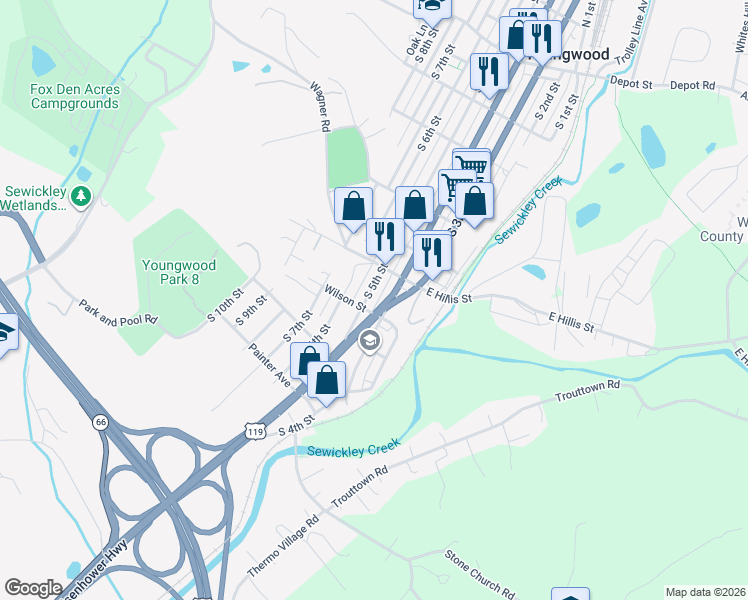 map of restaurants, bars, coffee shops, grocery stores, and more near 507 South 5th Street in Youngwood