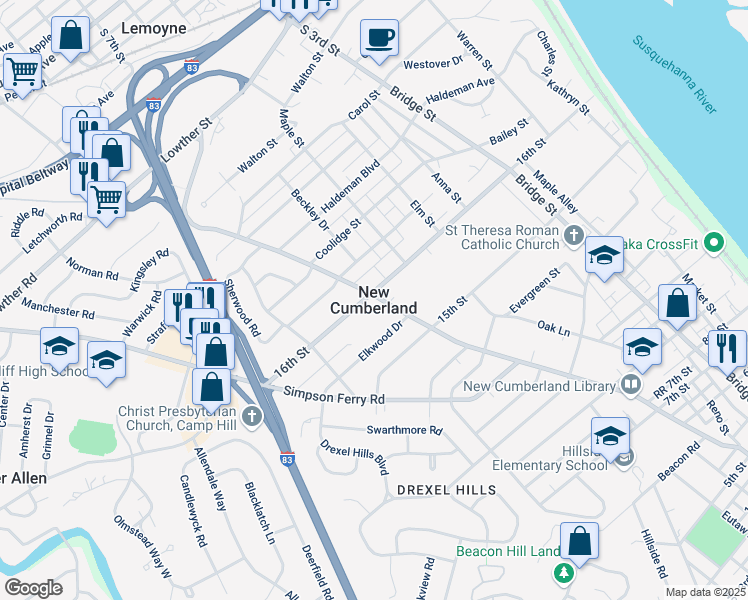 map of restaurants, bars, coffee shops, grocery stores, and more near in New Cumberland