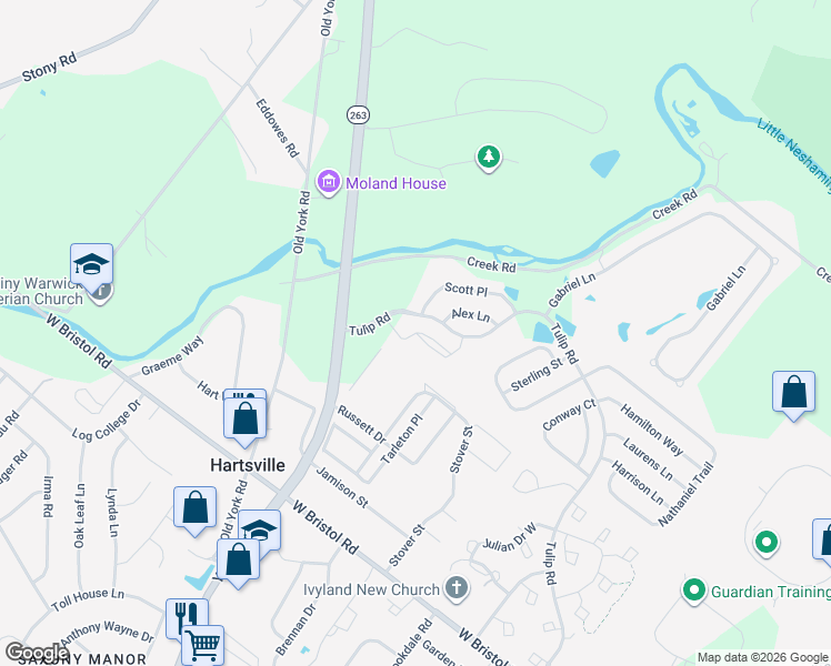 map of restaurants, bars, coffee shops, grocery stores, and more near 1239 Scott Place in Warminster