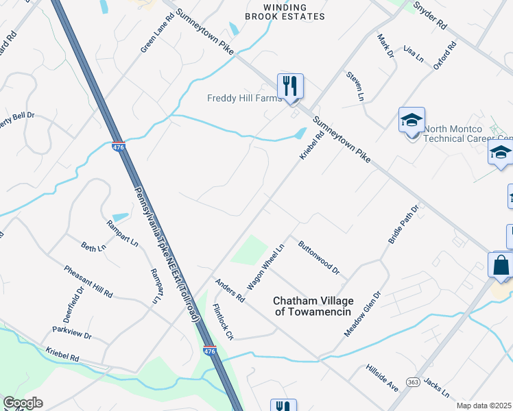 map of restaurants, bars, coffee shops, grocery stores, and more near 1614 Kriebel Road in Lansdale