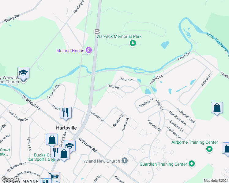 map of restaurants, bars, coffee shops, grocery stores, and more near Knox Court in Warminster
